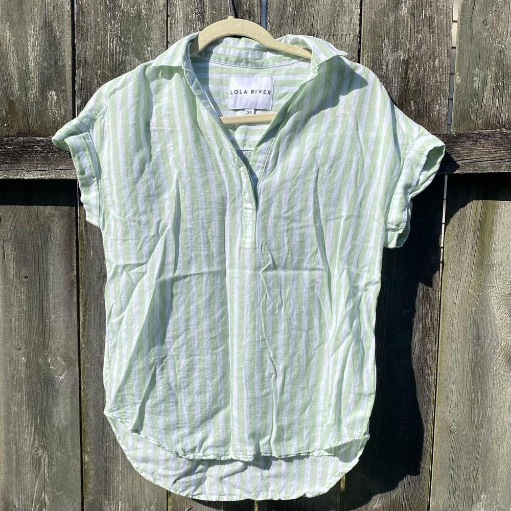 Lola River Womens XS Mint Green White Striped Linen Blend Short Sleeve Blouse